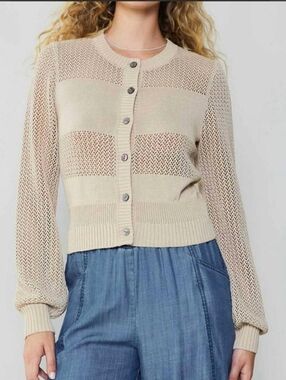 Current Air NEW Ginny Crochet Cardigan Beige Stripe Pointelle Sweater SZ Medium